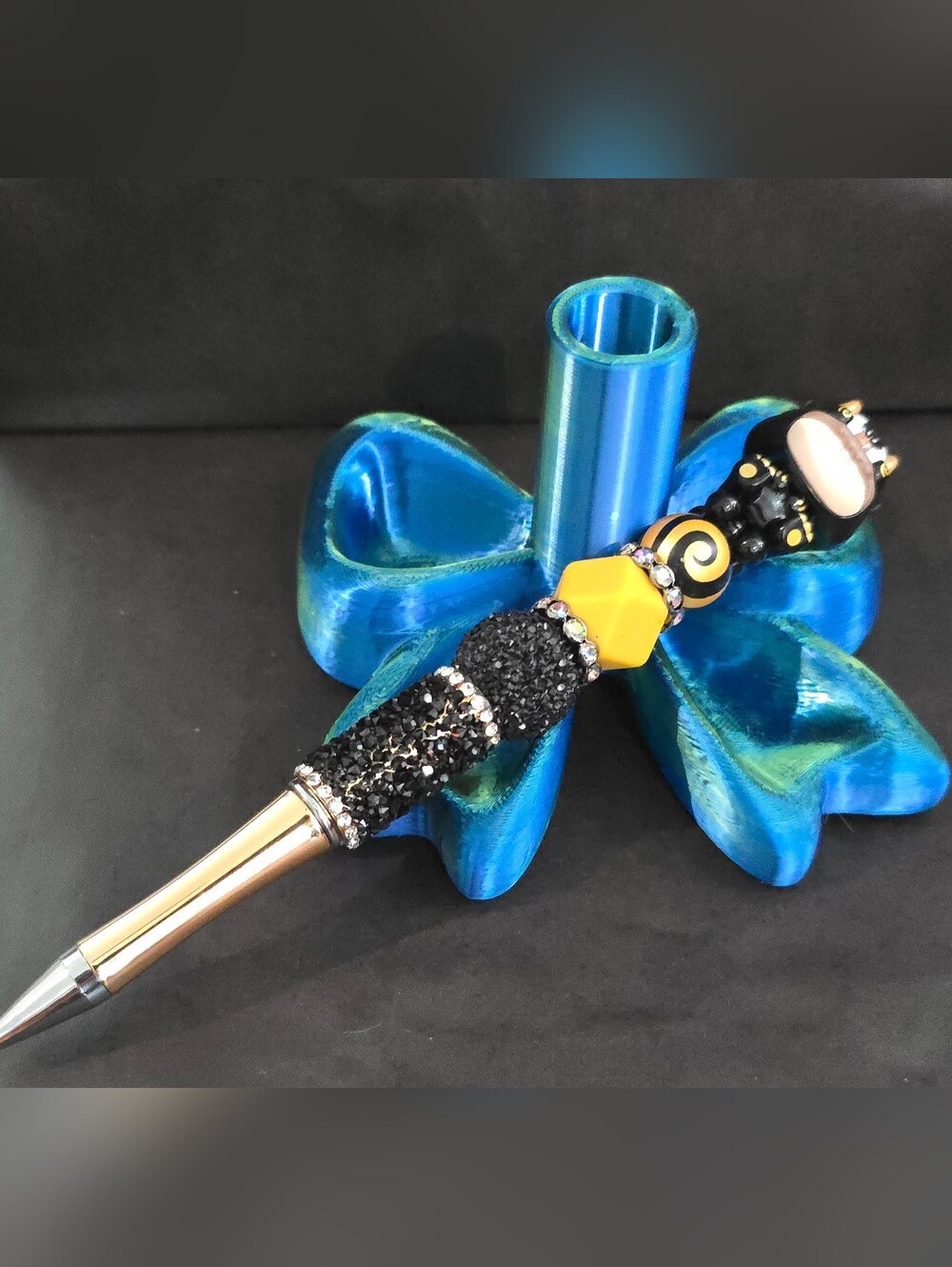 Rhinestone Accented Black and Gold Beaded Pen with Yellow Accent